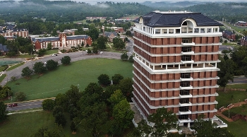 exterior aerial shot of Houston Cole Library at Jacksonville State University